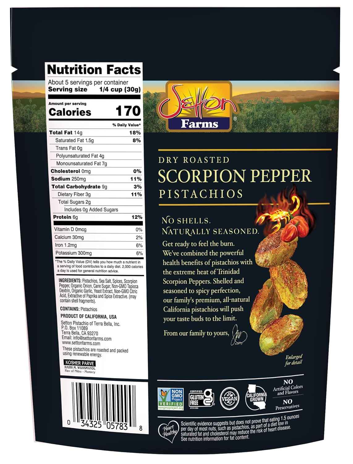 Setton Farms Scorpion Pepper Pistachio Kernels – Portable 5 oz Resealable Snack for Hiking and Camping Trips