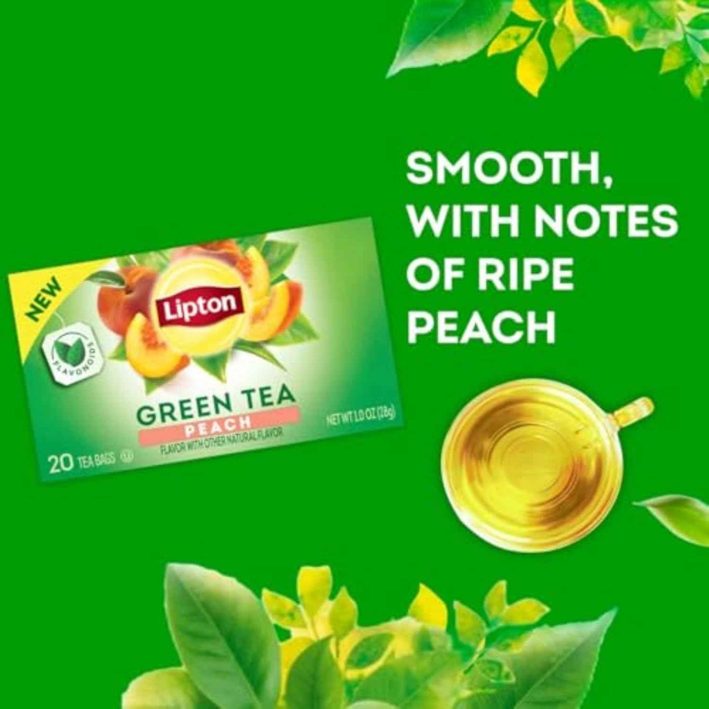 Lipton Peach Green Tea Bags – Daily Wellness Ritual for Mindful Mornings, 75mg Flavonoids Per Cup