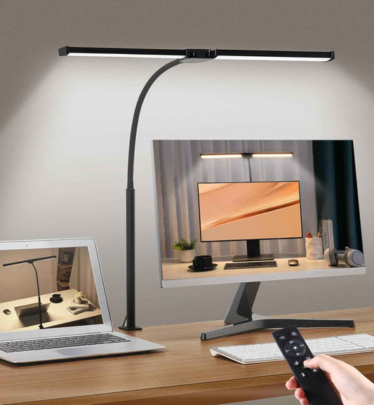 Motumen Dual-Head LED Desk Lamp for Home Office – Flicker-Free Task Light with Clamp, 25 Modes & 1-Hour Timer for Deep Work