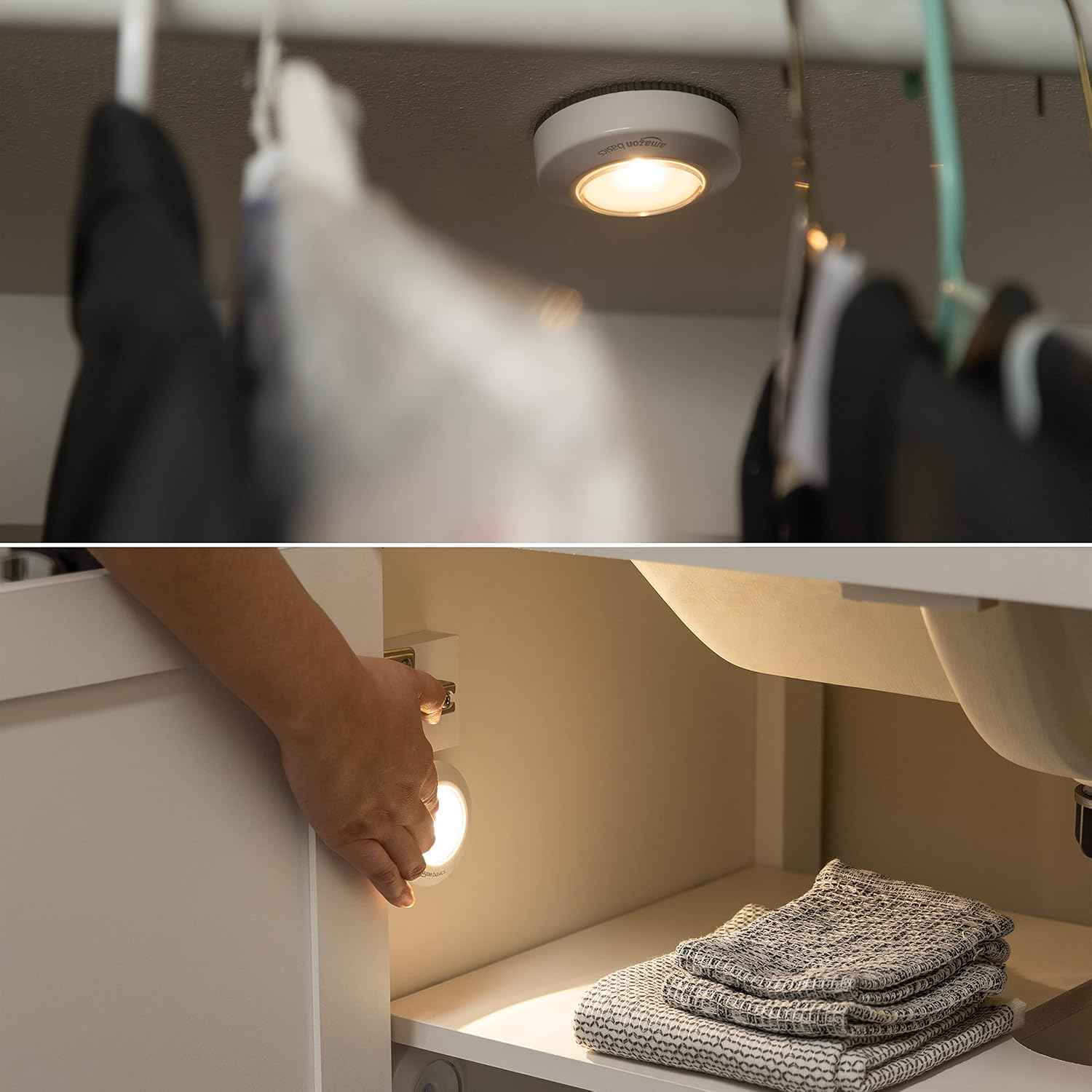 Amazon Basics LED Puck Lights, Battery Operated, 2 Pack — Motion-Activated Night Lighting for Safe Hallways and Staircases