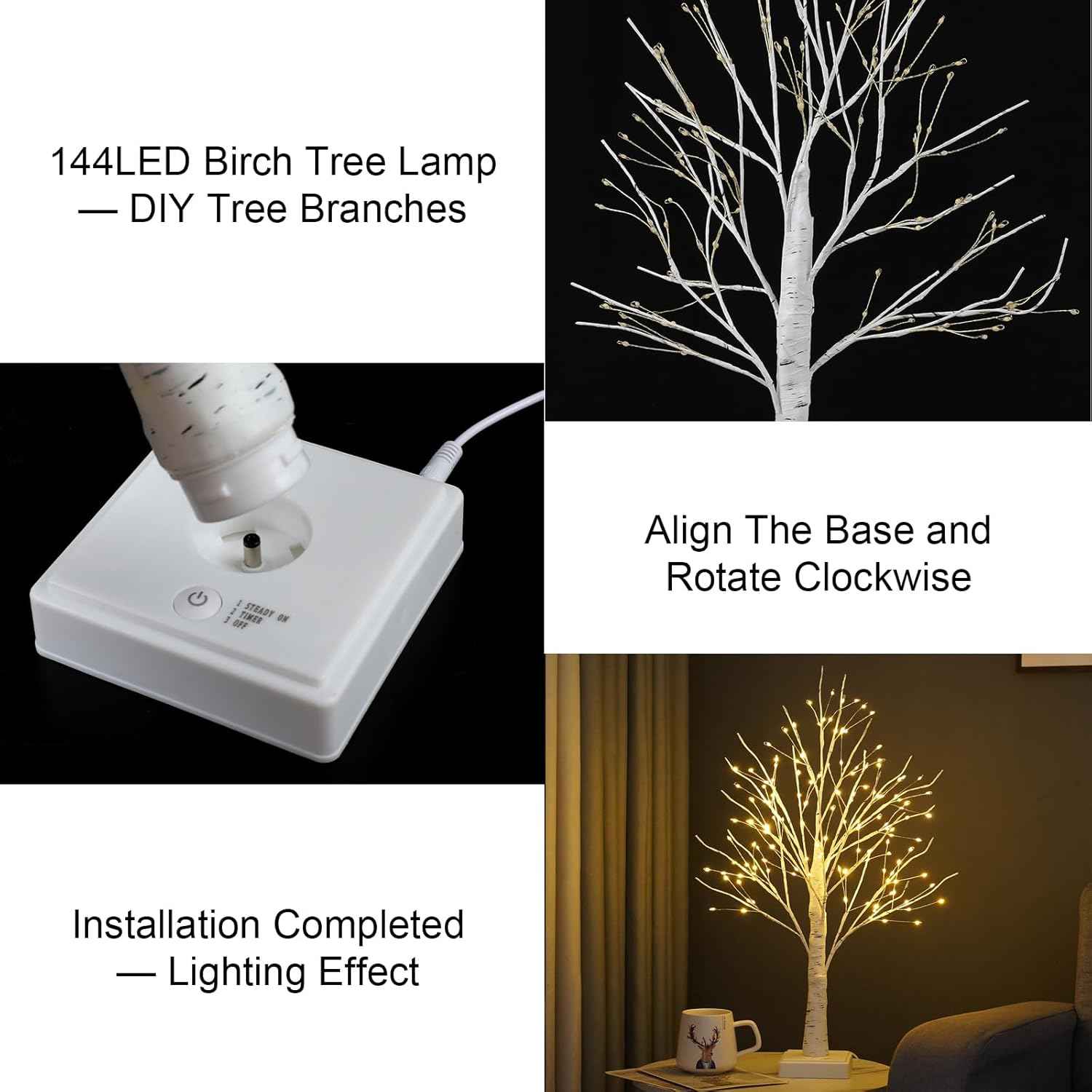 Mavques Flameless Birch Tree – Safe Night Light for Bedroom, LED Warm White Glow with Timer