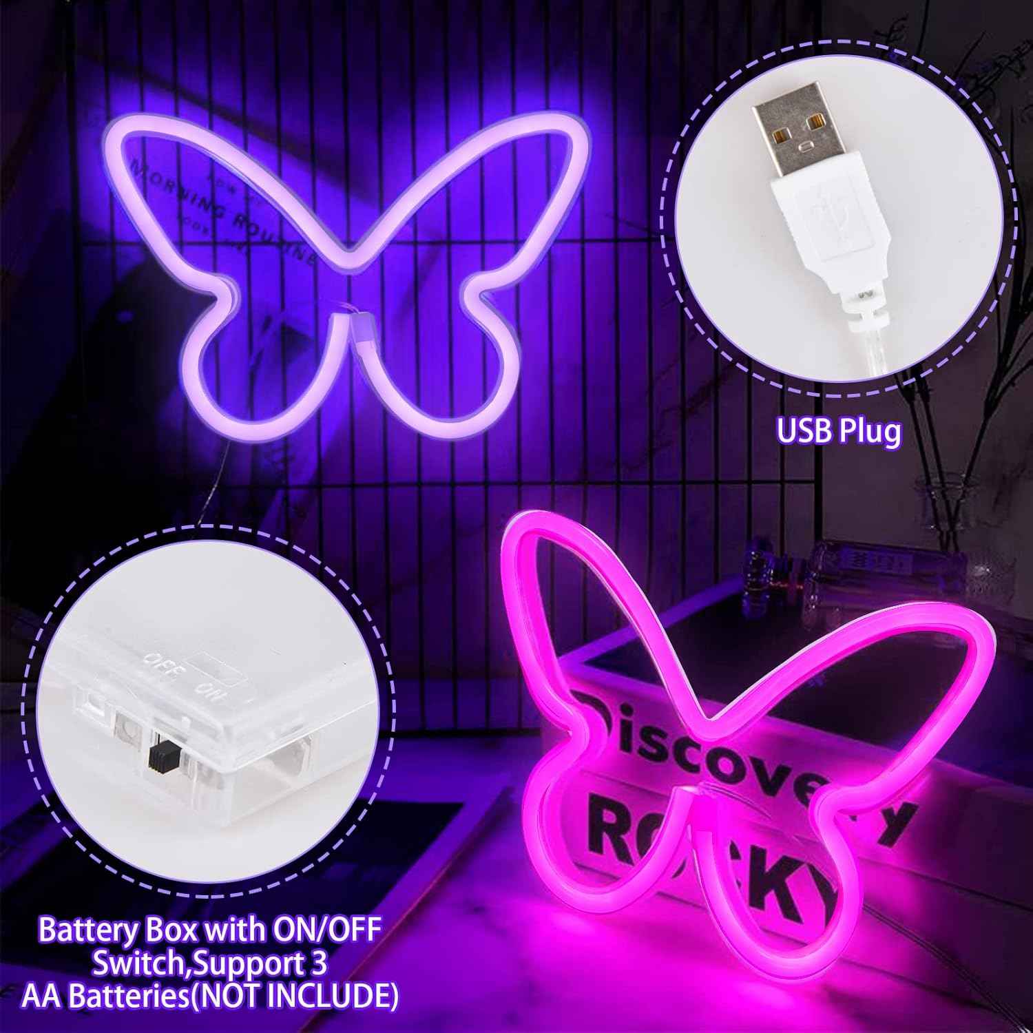 BRIGHTDECK Butterfly Neon Light Trio – Calming Wind Down Bedroom Decor, Soft Pink and Purple Glow for Nightly Relaxation Ritual