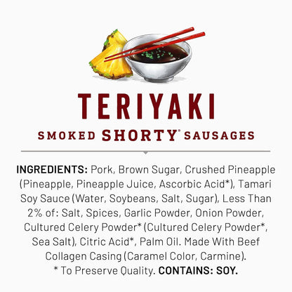 Duke's Pork Teriyaki Smoked Shorty Sausages – Clean-Label Pork Snack with No Nitrites Added for Pantry Wellness, 5 oz