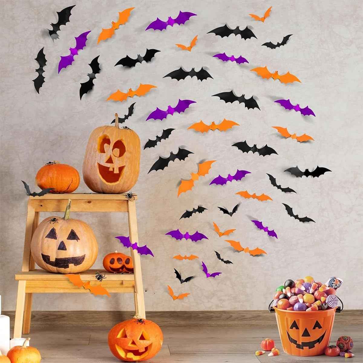 Halloween Bat Decor for Kids Room – Removable 3D PVC Wall Stickers in Orange Purple Black for Child Safe Bedroom Makeover