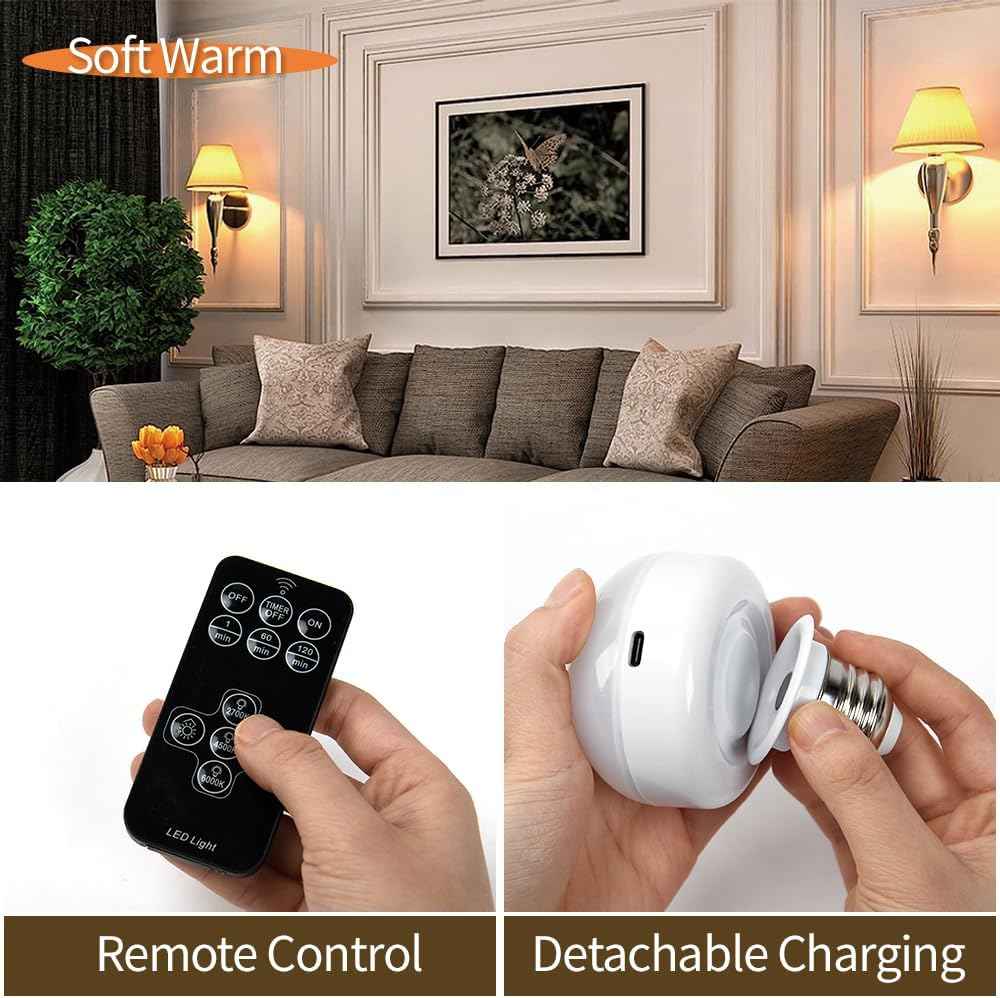 BLUEYE Rechargeable LED Bulb for Clutter-Free Bedside, Slim Profile Cordless Lamp with Remote Dimmer