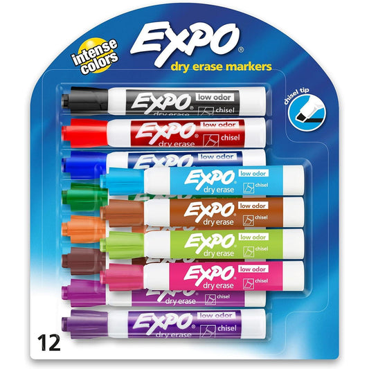 EXPO_Low_Odor_Dry_Erase_Markers,_Chisel_Tip,_Assorted_Colors,_12_Count