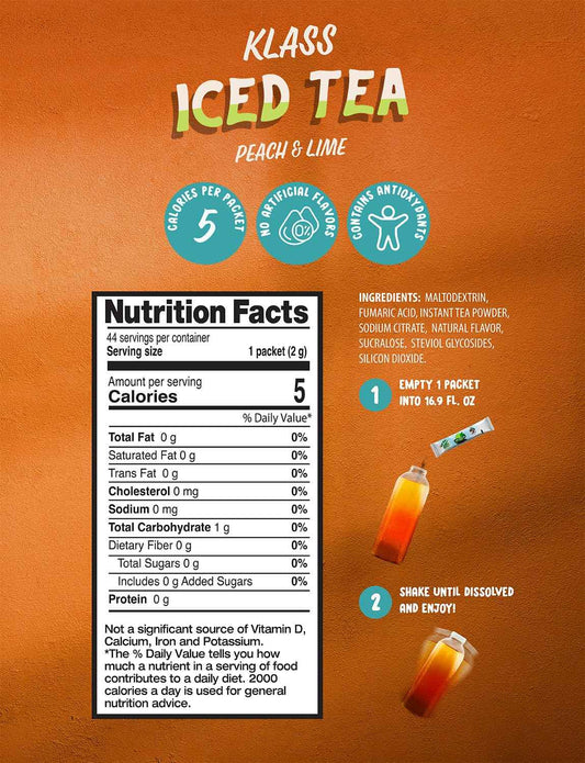 Klass Iced Tea Drink Mix - Sugar-Free Variety Pack for Mindful Hydration Routines and Evening Wind-Down Rituals (44 Stick Packs)