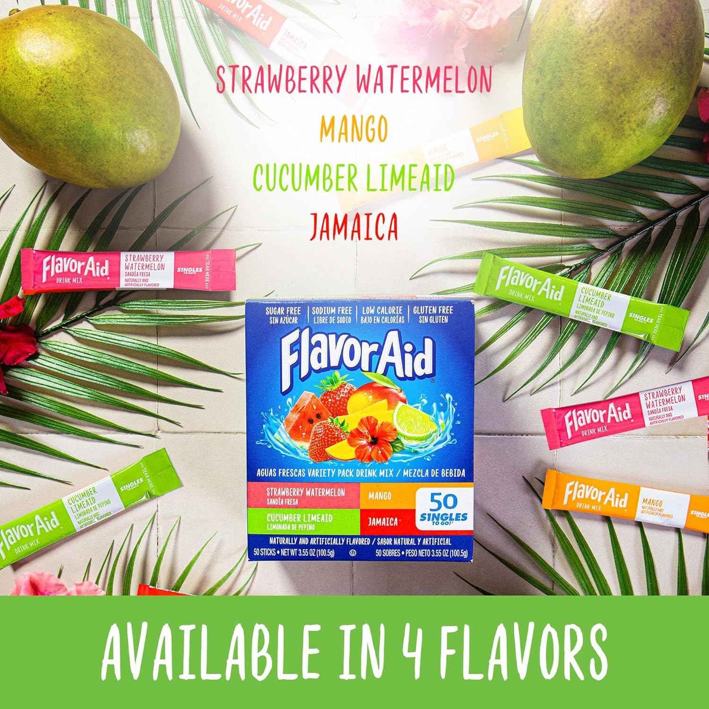 Flavor Aid Aguas Frescas Singles To Go – Sugar-Free Drink Mix for Kids' Birthday Parties and Family Gatherings, 50 Sticks