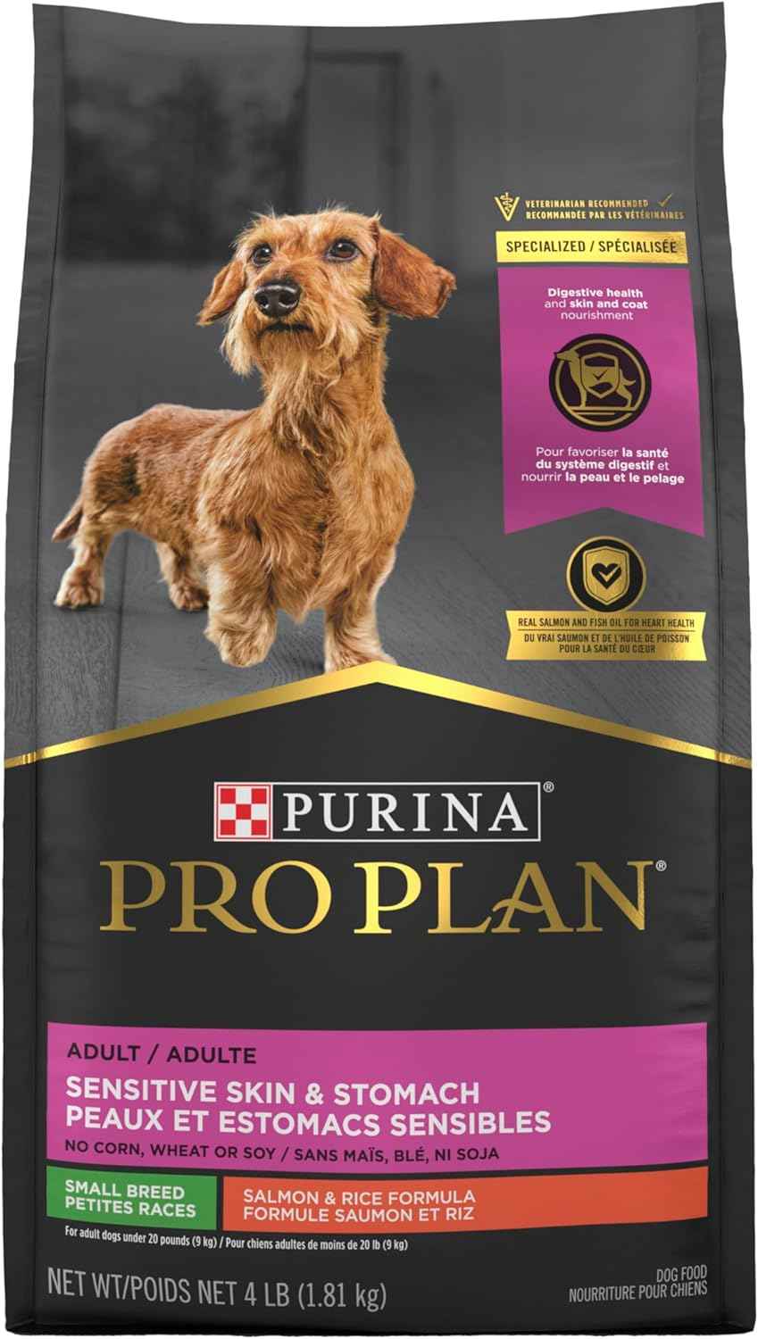 Purina Pro Plan Small Breed Sensitive Skin and Stomach Salmon – Corn, Wheat, and Soy-Free Formula for Reactive Adult Dogs, 4 lb Bag