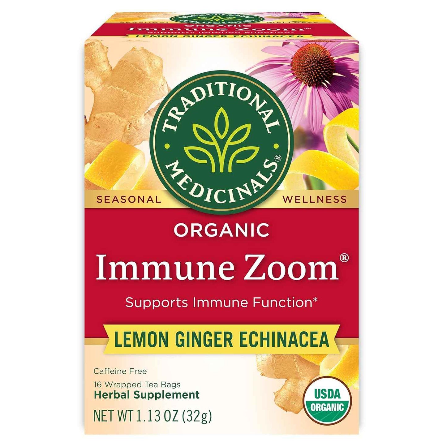 Traditional Medicinals Organic Immune Zoom Lemon Ginger Tea - Home Office Desk Tea for Caffeine-Free Afternoon Focus