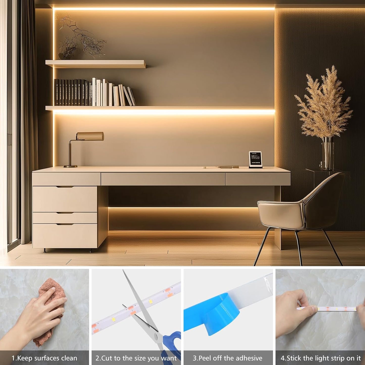 echosari Tape Light No Plug Required – Simple Peel-and-Stick Accent for Intentional Interiors, Warm White, Remote Dimmable