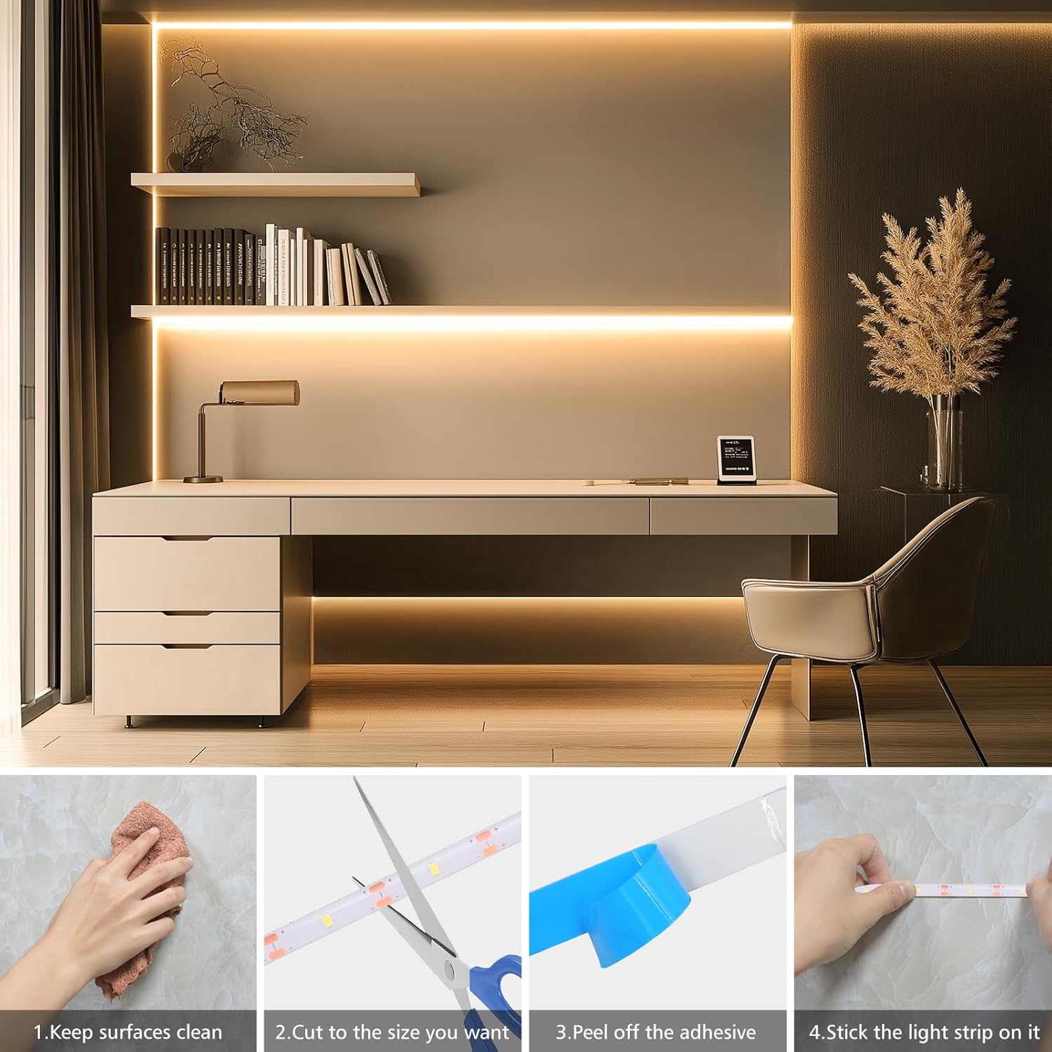 echosari Tape Light No Plug Required – Simple Peel-and-Stick Accent for Intentional Interiors, Warm White, Remote Dimmable