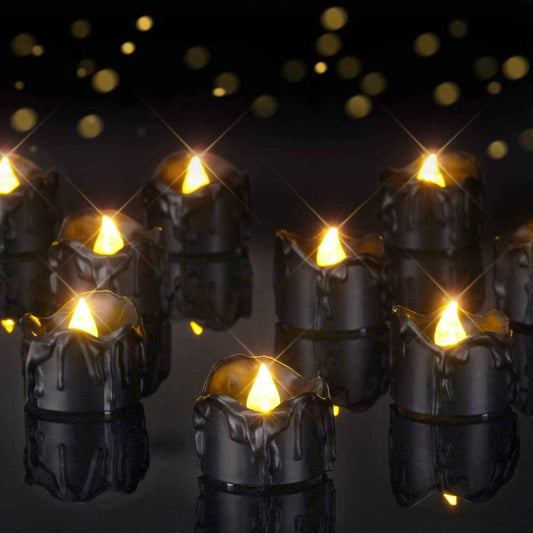 Homemory Flameless LED Tea Lights – Black Drip Halloween Candles Safe for Kids' Playrooms, Daycare & Trick-or-Treat Stations