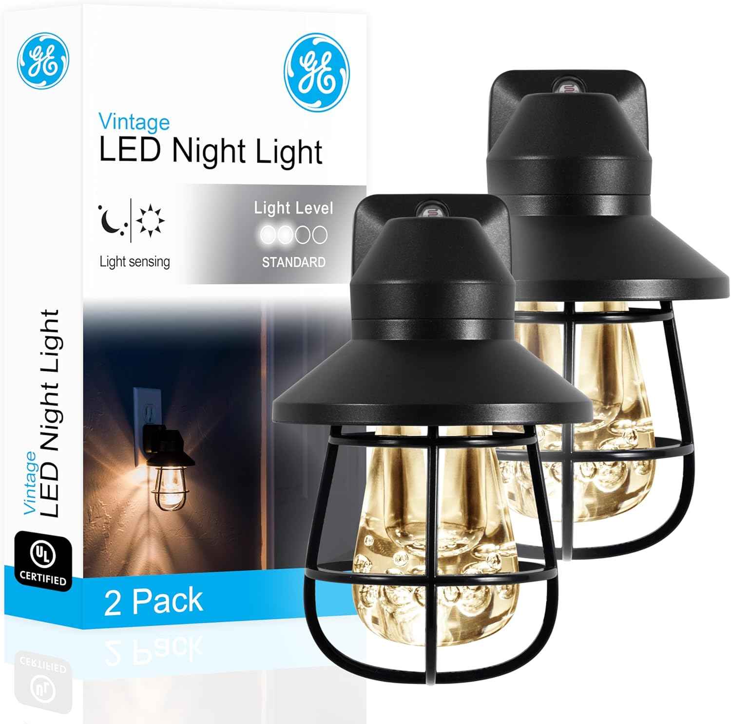GE Vintage LED Night Light – Staircase Safety Lighting 2 Pack, Warm 2200K LED Replaces Open Flame, Photo Cell Automatic On