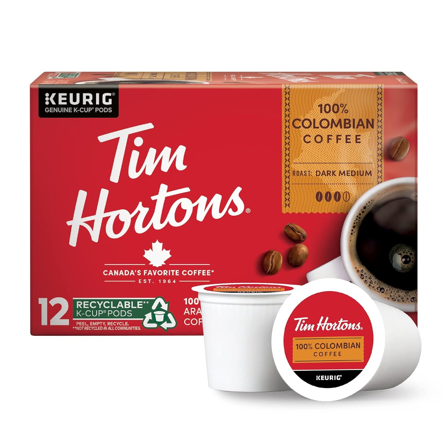 Tim_Hortons_100%_Colombian,_Medium_Dark_Roast_Coffee,_Single-Serve_K-Cup_Pods_Compatible_with_Keurig_Brewers,_12ct_K-Cups,_Red