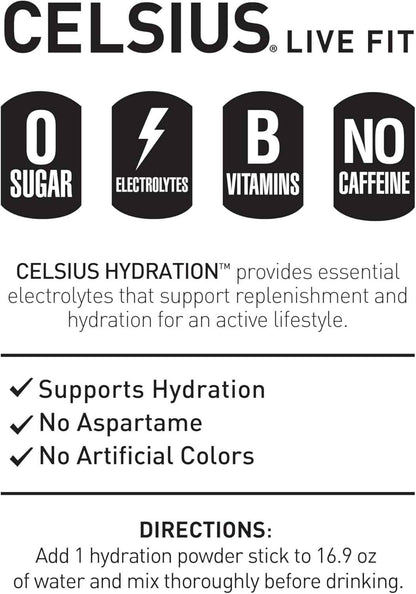 CELSIUS Hydration Sugar Free Electrolyte Powder – Lemon Lime Self Care Beverage Sticks for Post-Workout Recovery and Mindful Routines