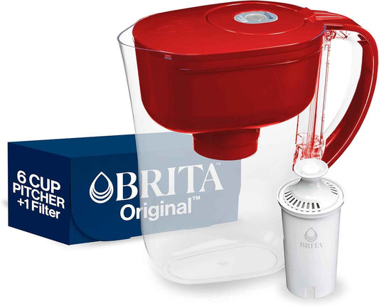 Brita Metro Water Filter Pitcher – Fiery Red Accent Piece for Cozy Kitchens and Dining Counters, 6 Cups