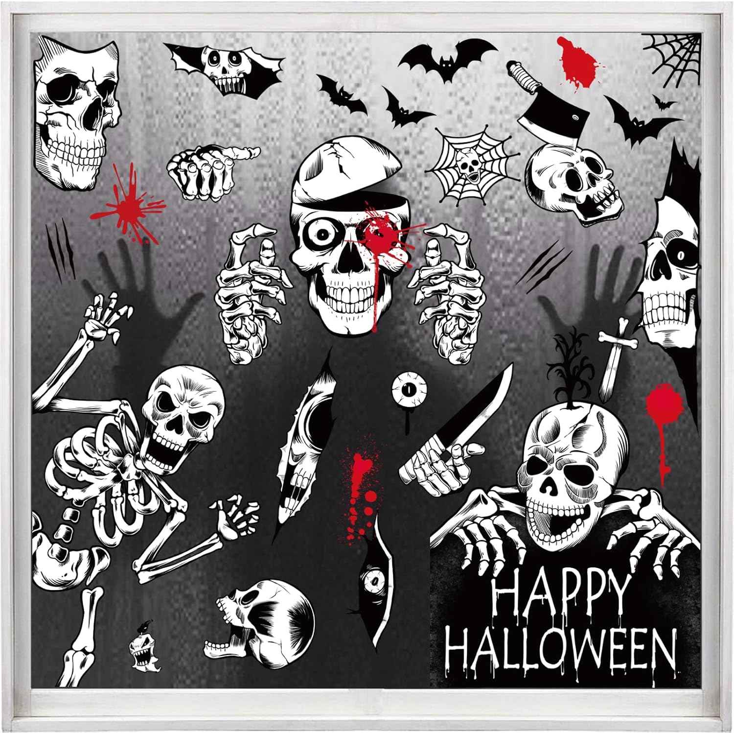 Halloween Window Decals - Mixed Skulls, Skeletons, and Blood Drops for Home Glass Doors and Stairwell Panels, Reusable Static Cling