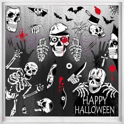 Halloween Window Decals - Mixed Skulls, Skeletons, and Blood Drops for Home Glass Doors and Stairwell Panels, Reusable Static Cling