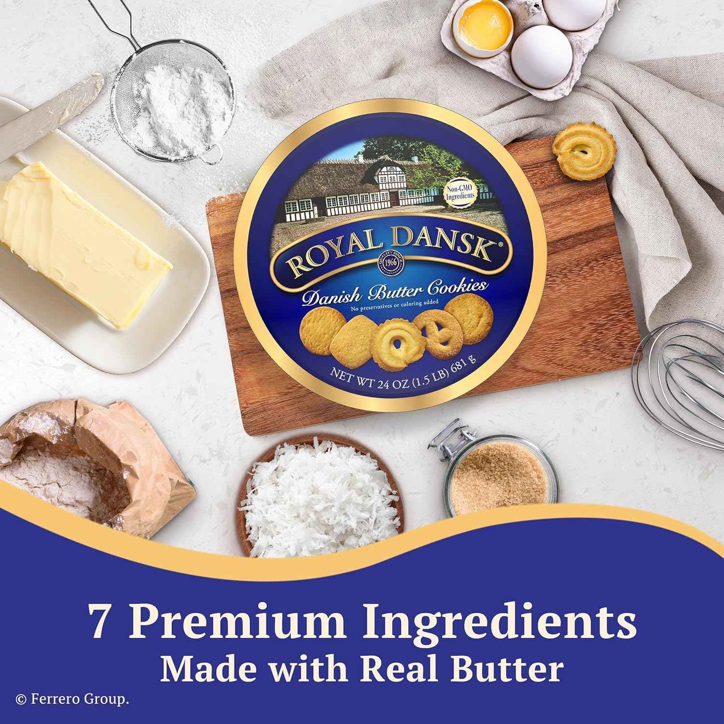 Royal Dansk Danish Butter Cookies – Iconic Blue and Gold Reusable Tin That Doubles as a Coffee Table and Kitchen Counter Accent