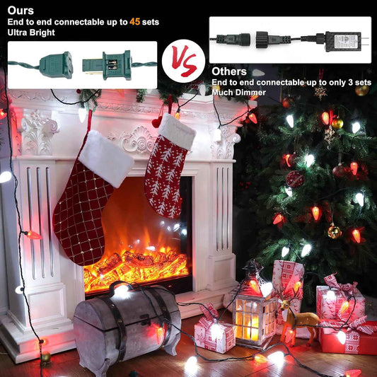 Brizled C9 Faceted Christmas Lights as Housewarming Gift, 66FT Classic Red and White LED String
