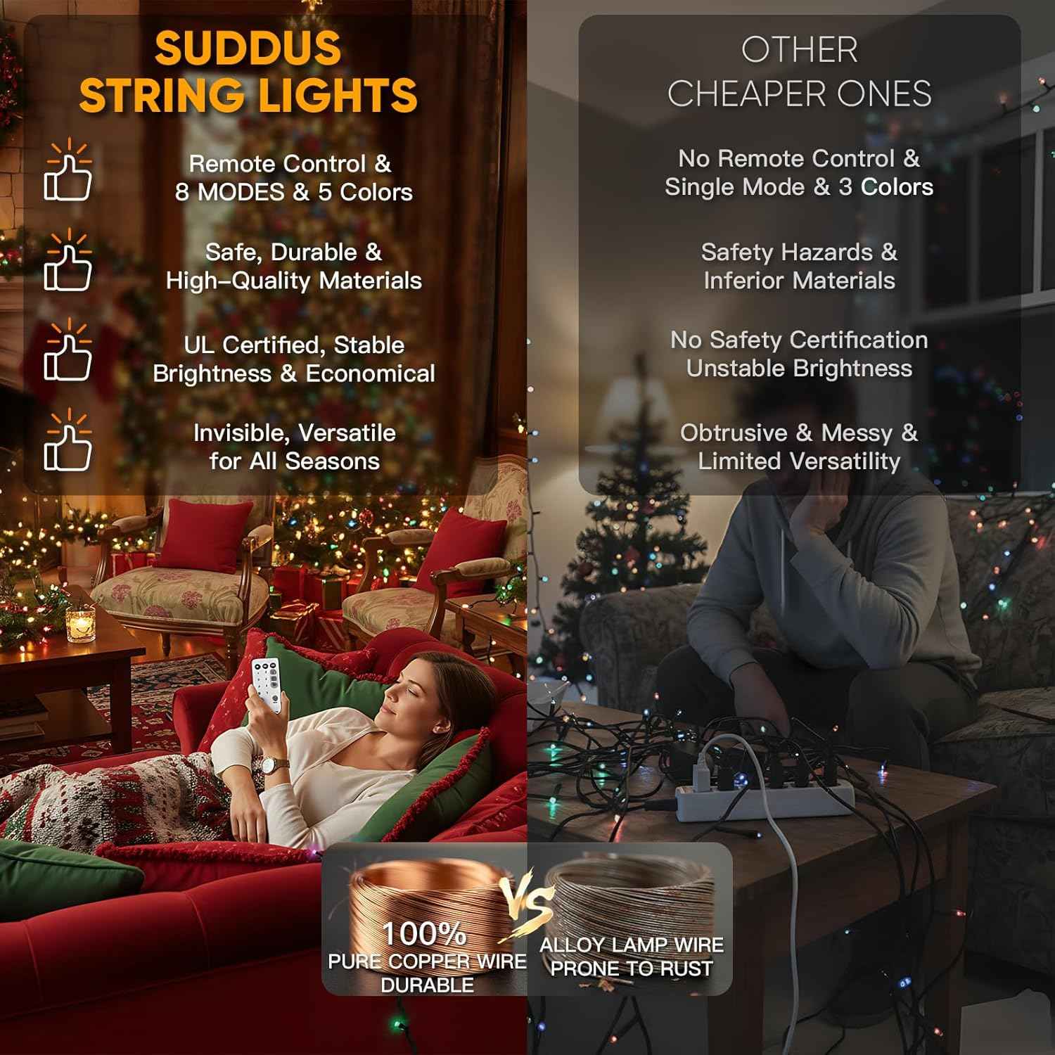suddus 200 LED Outdoor String Lights – IP44 Waterproof Patio Lights with End-to-End Connectability Up to 396ft
