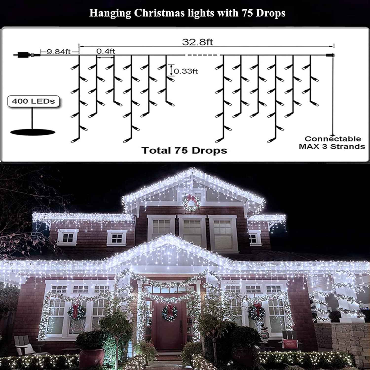 LuminaGlow Icicle Curtain Lights – Cozy Living Room Aesthetic, 32ft 400 LED Hanging Backdrop with 8 Modes