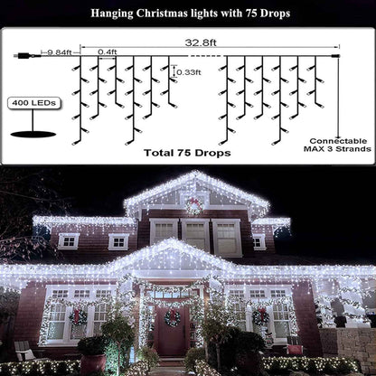 LuminaGlow Icicle Curtain Lights – Cozy Living Room Aesthetic, 32ft 400 LED Hanging Backdrop with 8 Modes