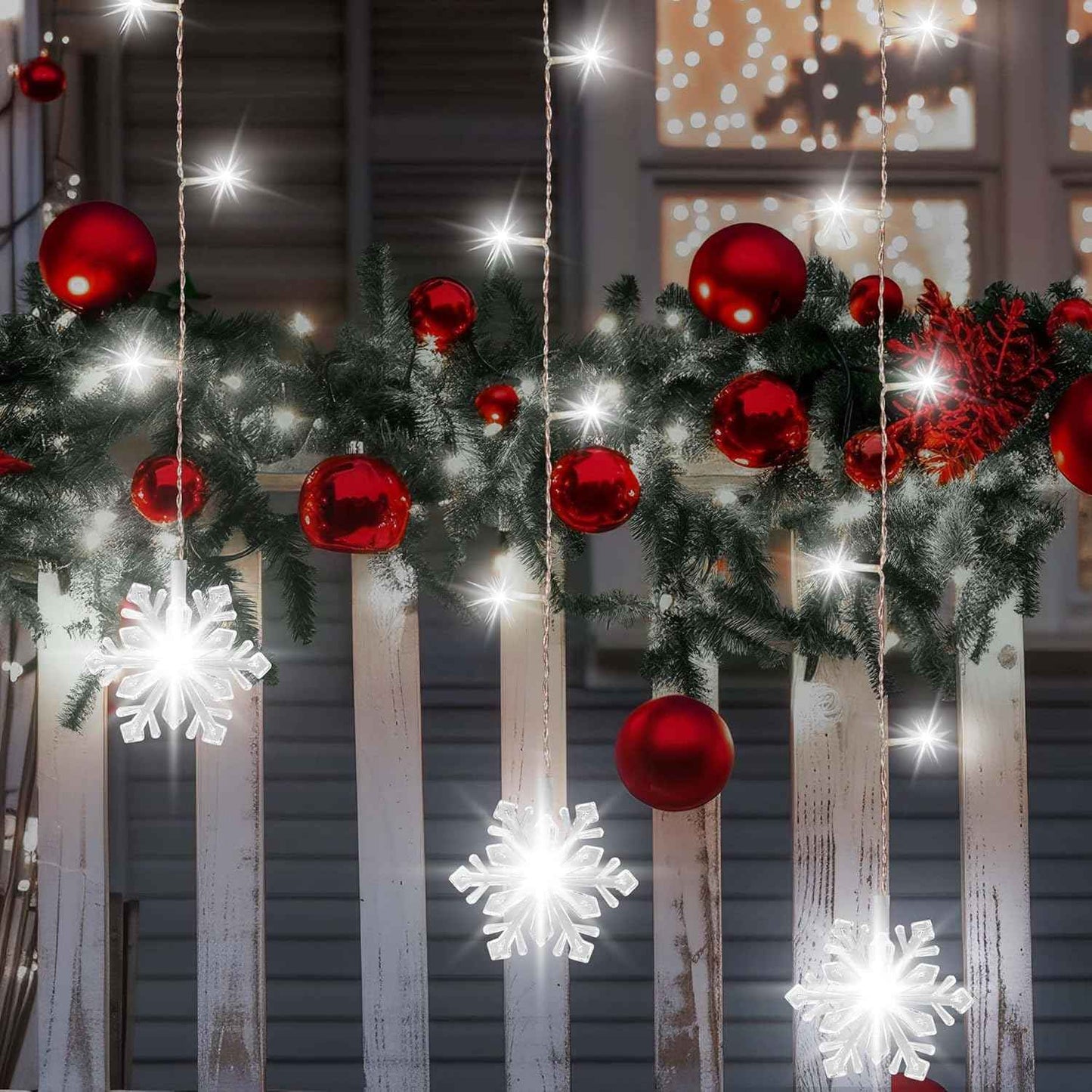 Lumiluxe Snowflake Drop Lights – Backyard Fence and Awning Decor, Linkable 150 LED for Large Coverage