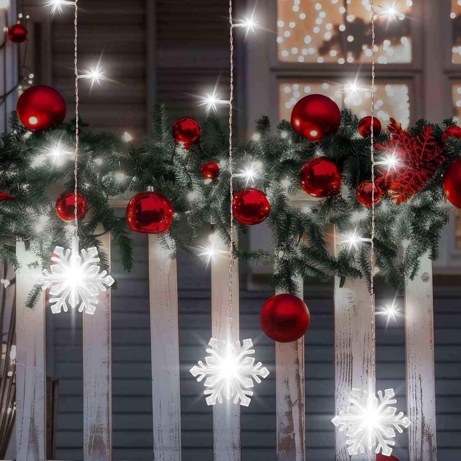 Lumiluxe Snowflake Drop Lights – Backyard Fence and Awning Decor, Linkable 150 LED for Large Coverage