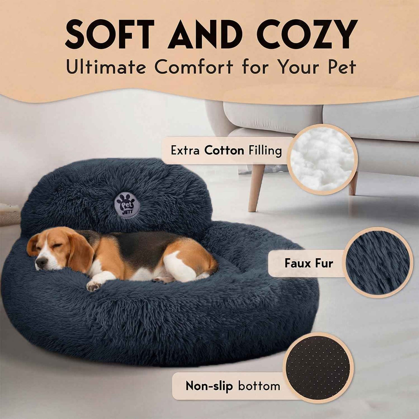 PetJett Calming Dog Bed Medium – Donut Round Anti-Anxiety Bed for Corgis, Frenchies & Beagles, Soothing Nightly Sleep Nest