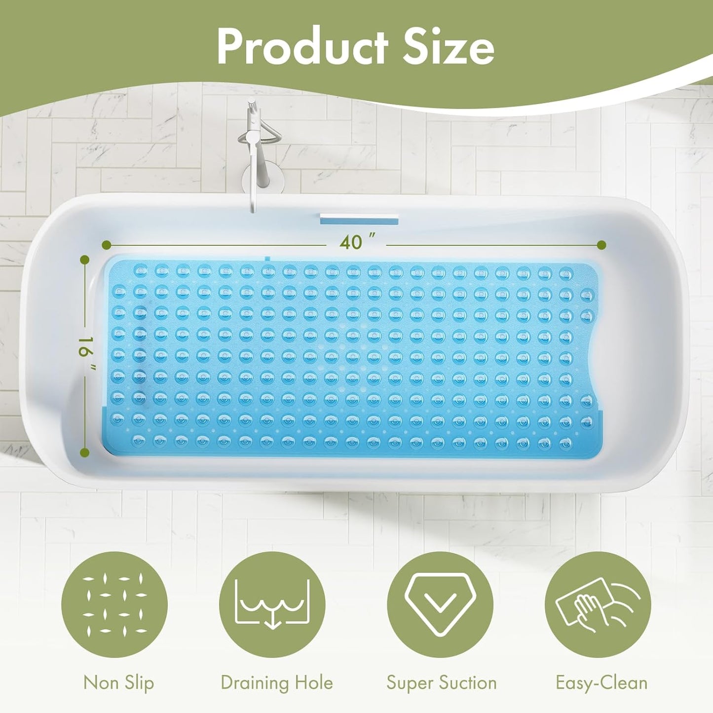 extra-large 40 x 16 inch rectangular size covering most tubs and shower stalls