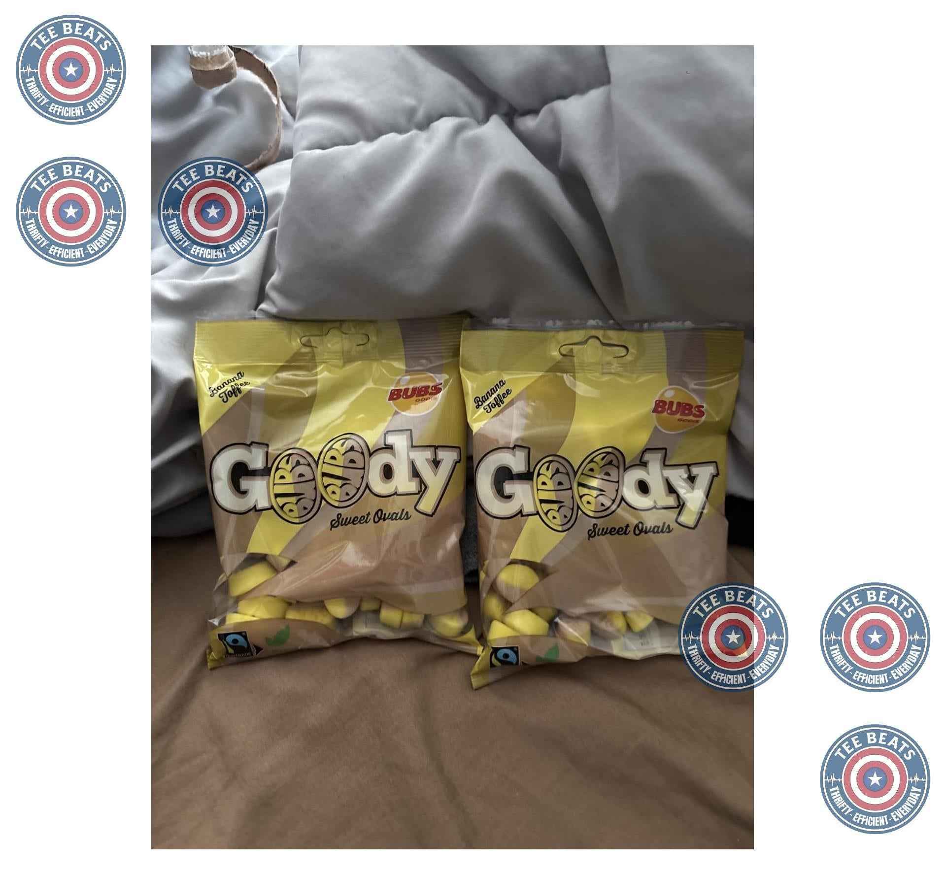Bubs Goody Sweet Ovals Banana Caramel – Gelatine-Free Kids' Snack Bags for Lunchboxes and Playdates, 2 x 90g