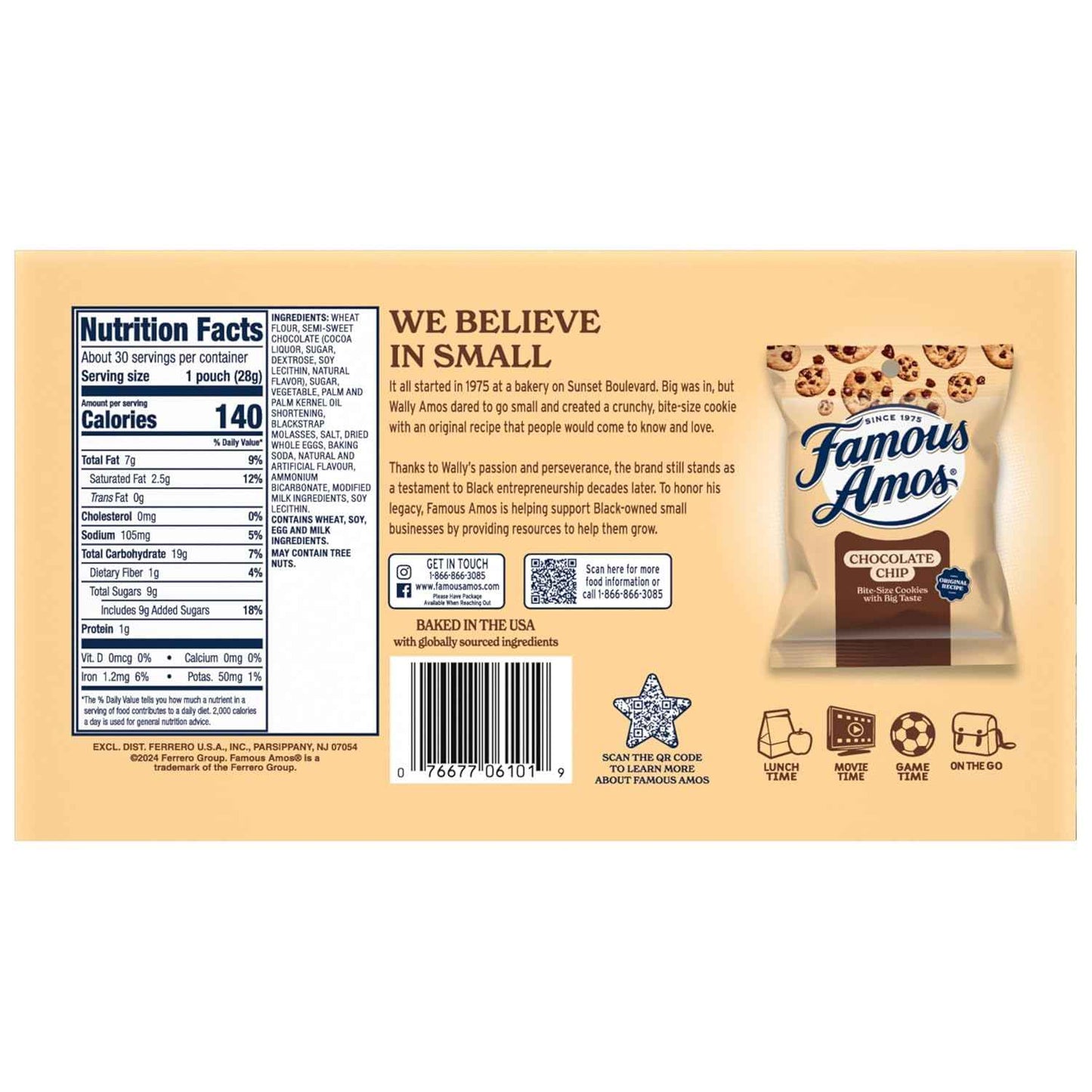 Famous Amos Bite-Size Chocolate Chip Cookies, 30 Count Single-Serve Packs for Halloween Treats and Holiday Gifting