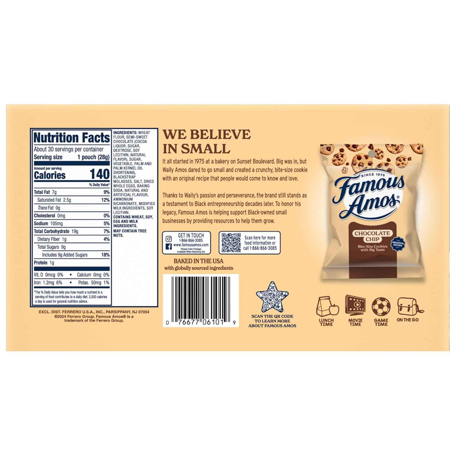 Famous Amos Bite-Size Chocolate Chip Cookies, 30 Count Single-Serve Packs for Halloween Treats and Holiday Gifting