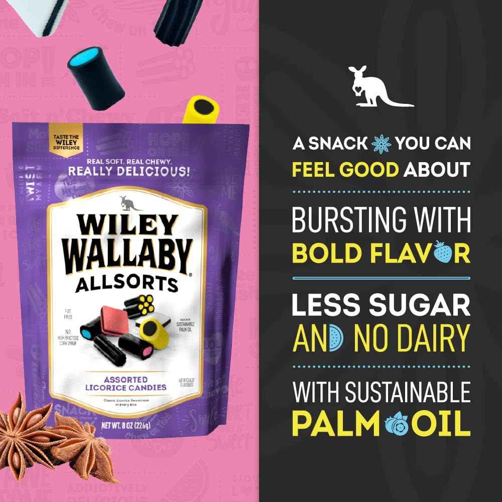 Wiley Wallaby Allsorts Licorice Candy – Resealable Travel Snack for Road Trips, Camping, and Outdoor Adventures