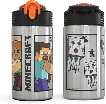 Zak_Designs_Minecraft_-_Stainless_Steel_Water_Bottle_with_One_Hand_Operation_Action_Lid_and_Built-in_Carrying_Loop,_with_Straw_Spout_is_Perfect_for_Kids_(15.5_oz,_18/8,_BPA-Free)_Drinkware_Cup_Tumbler_Portable_Bottled_Washable_Reusable_Mug_Flasks