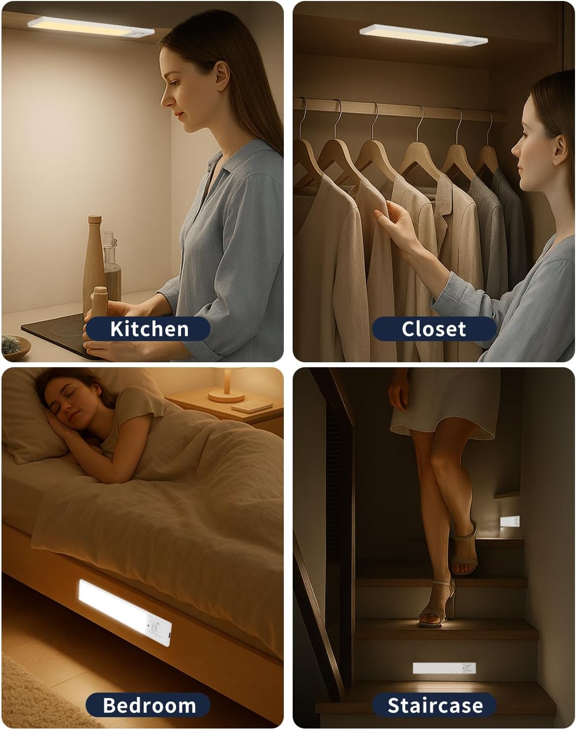 FBY Closet Light, Slim Metal Design LED for Wardrobe and Bedroom Ambiance, 3 Color Temperature Rechargeable 3-Pack