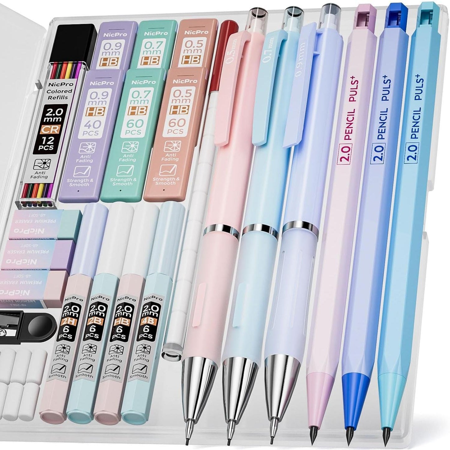 Nicpro_22PCS_Pastel_Mechanical_Pencils_Set_in_Case,_Art_Cute_Drafting_Pencil_0.5,_0.7,_0.9_mm,_2mm_Lead_Pencil_Holders_for_Sketching_Drawing_With_11_Tube_(4B_2B_HB_2H_Colors)_Lead_Refills,_3_Erasers