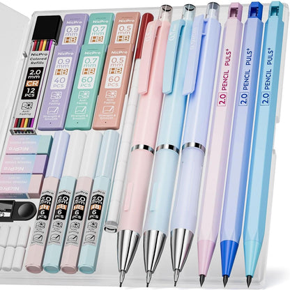 Nicpro_22PCS_Pastel_Mechanical_Pencils_Set_in_Case,_Art_Cute_Drafting_Pencil_0.5,_0.7,_0.9_mm,_2mm_Lead_Pencil_Holders_for_Sketching_Drawing_With_11_Tube_(4B_2B_HB_2H_Colors)_Lead_Refills,_3_Erasers