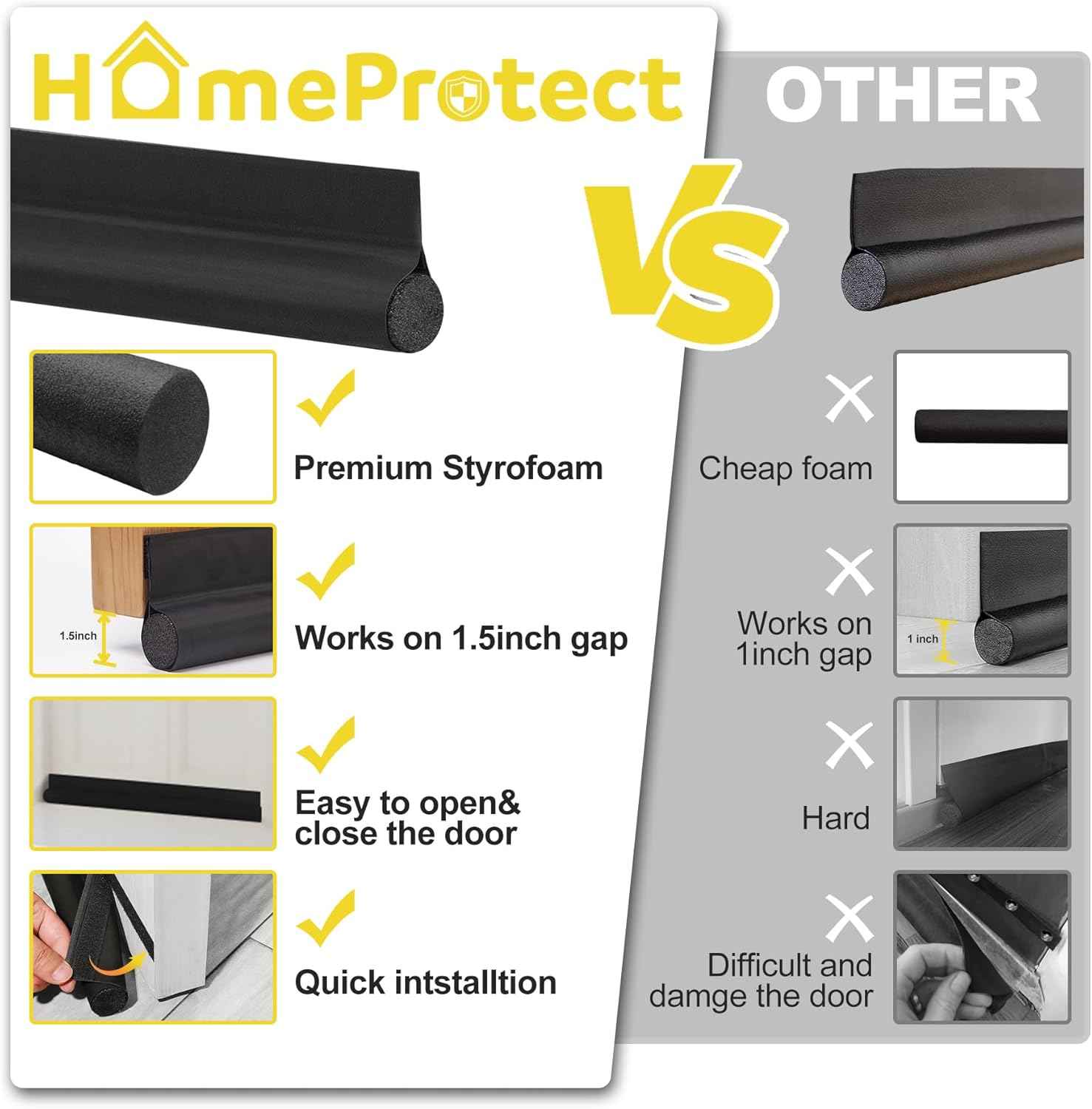 HomeProtect Tool-Free Door Draft Stopper – No-Drill, Adhesive-Backed Seal Safe for Rental Properties