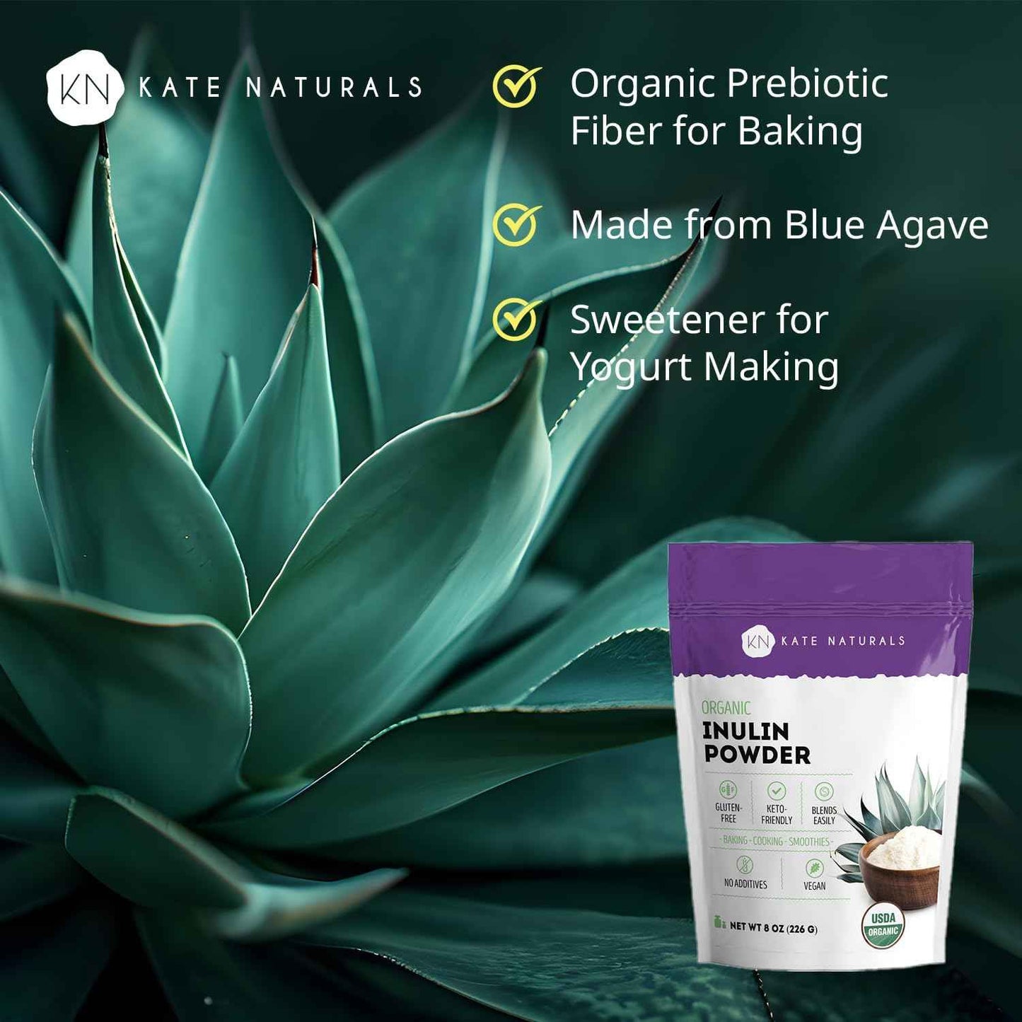 Kate Naturals Organic Agave Inulin Powder – Gentle Prebiotic Fiber for Smoothies, Yogurt & Mindful Wellness Routine