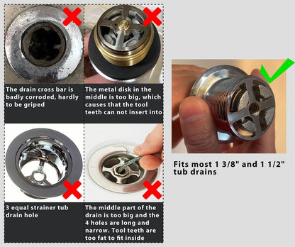 fits standard 1 3/8" and 1 1/2" tub drains