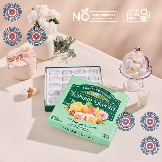 Liberty Orchards Turkish Delight – Premium Gourmet Gift Box for Her, Vegan Chewy Candy Assortment for Birthday and Holiday Giving