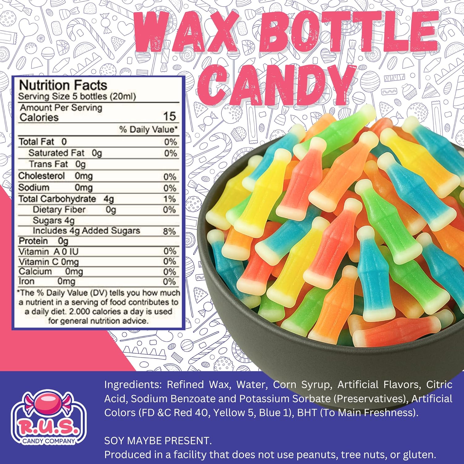 five fruity flavors: lemon, blue raspberry, orange, cherry, and green apple