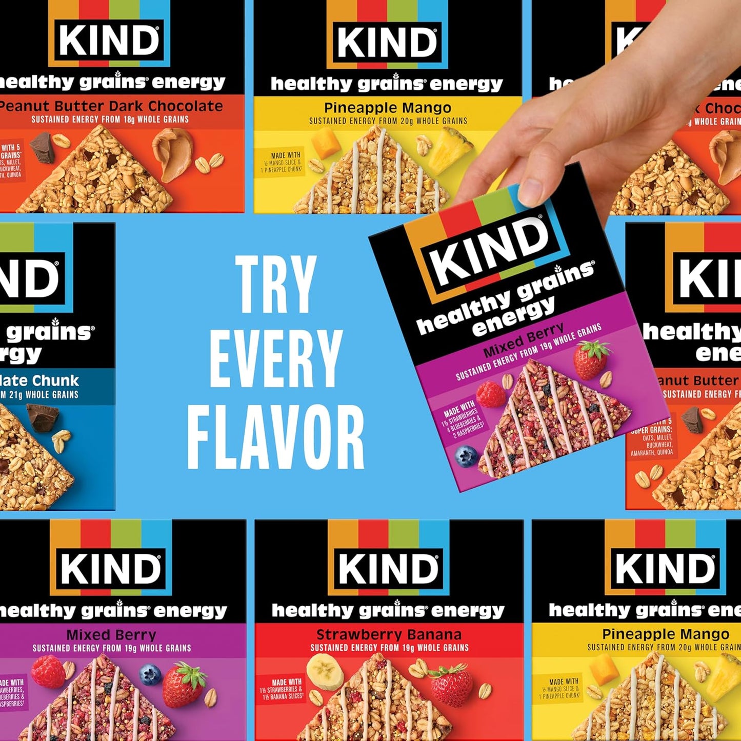 five individually portioned 1.4oz bars per box, offered in five flavors (pineapple mango, peanut butter dark chocolate, strawberry banana, mixed berry, dark chocolate chunk)