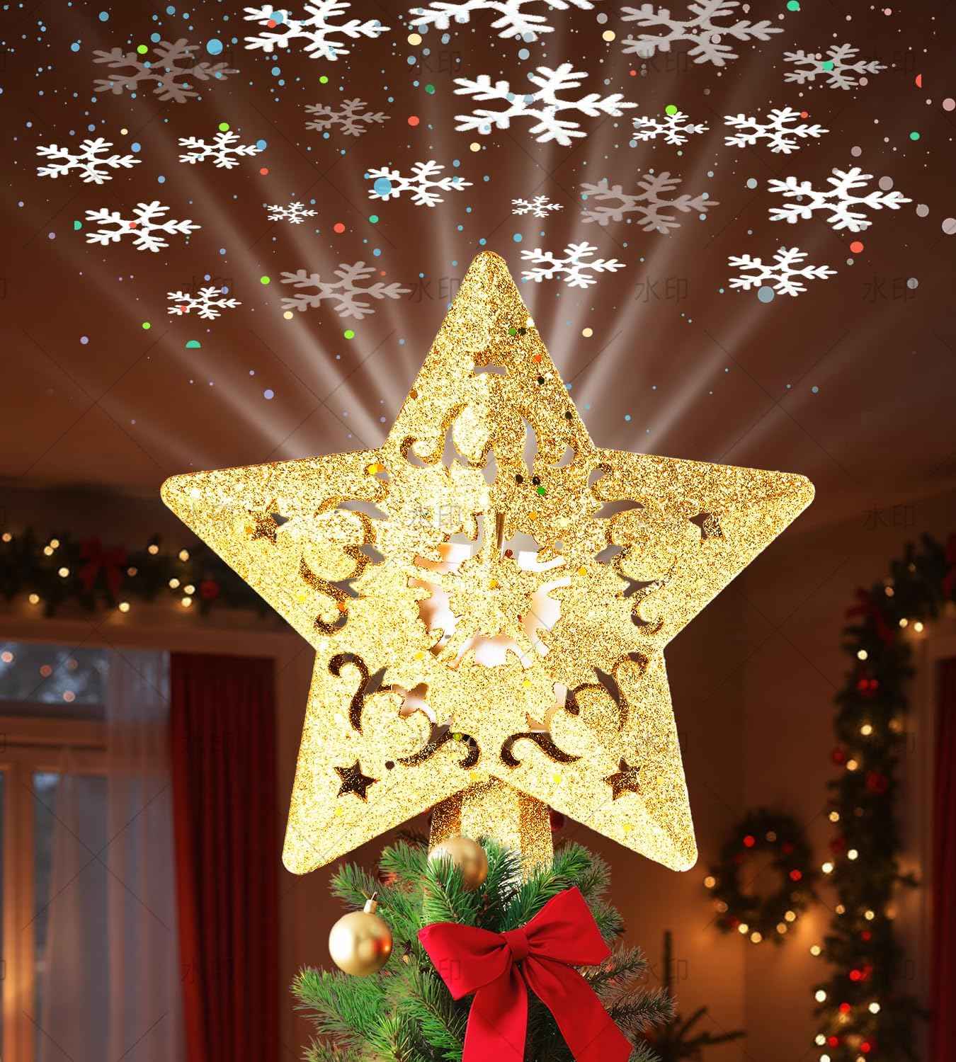Holidayx Pentagram Tree Topper – Cozy Bedroom Accent Piece, Silver Star with Wall and Ceiling Snowflake Glow