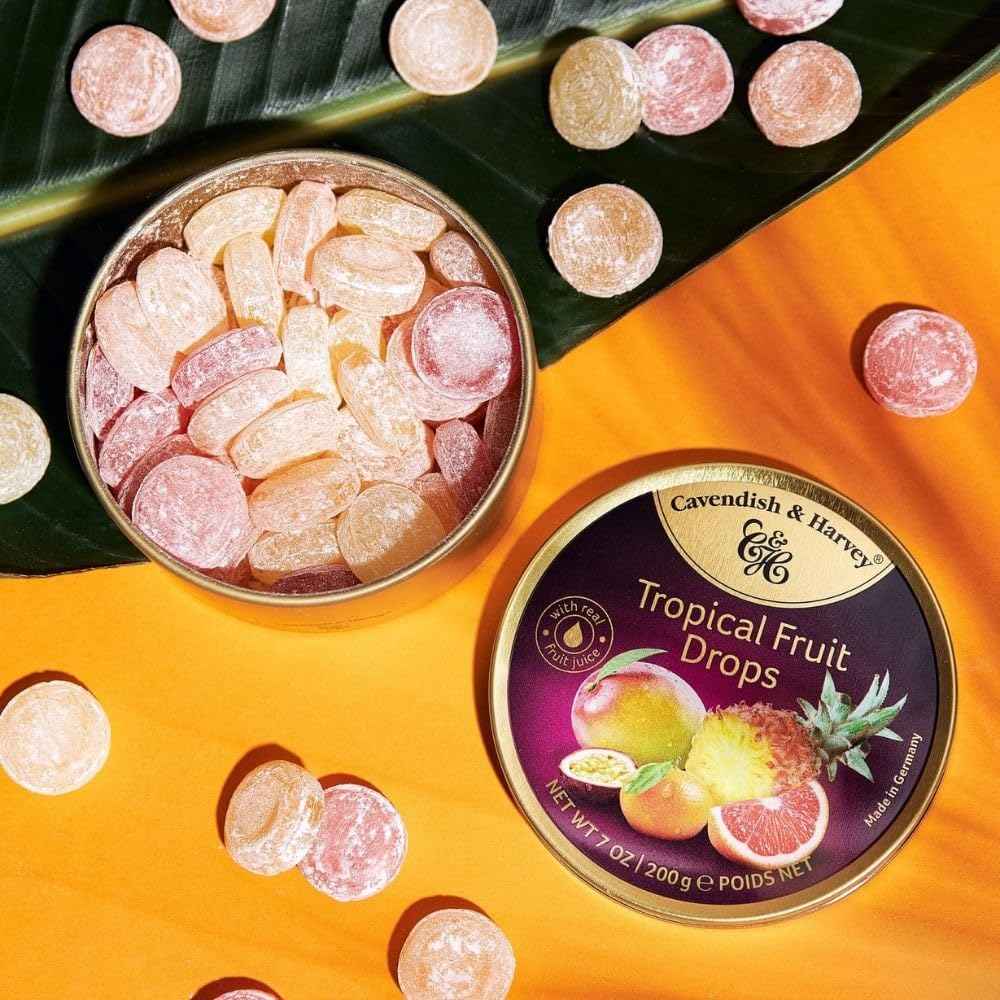 Cavendish & Harvey Tropical Fruit Hard Candy Drops – Thoughtful Housewarming Present for Friends and Neighbors, 7 Oz Gold Tin