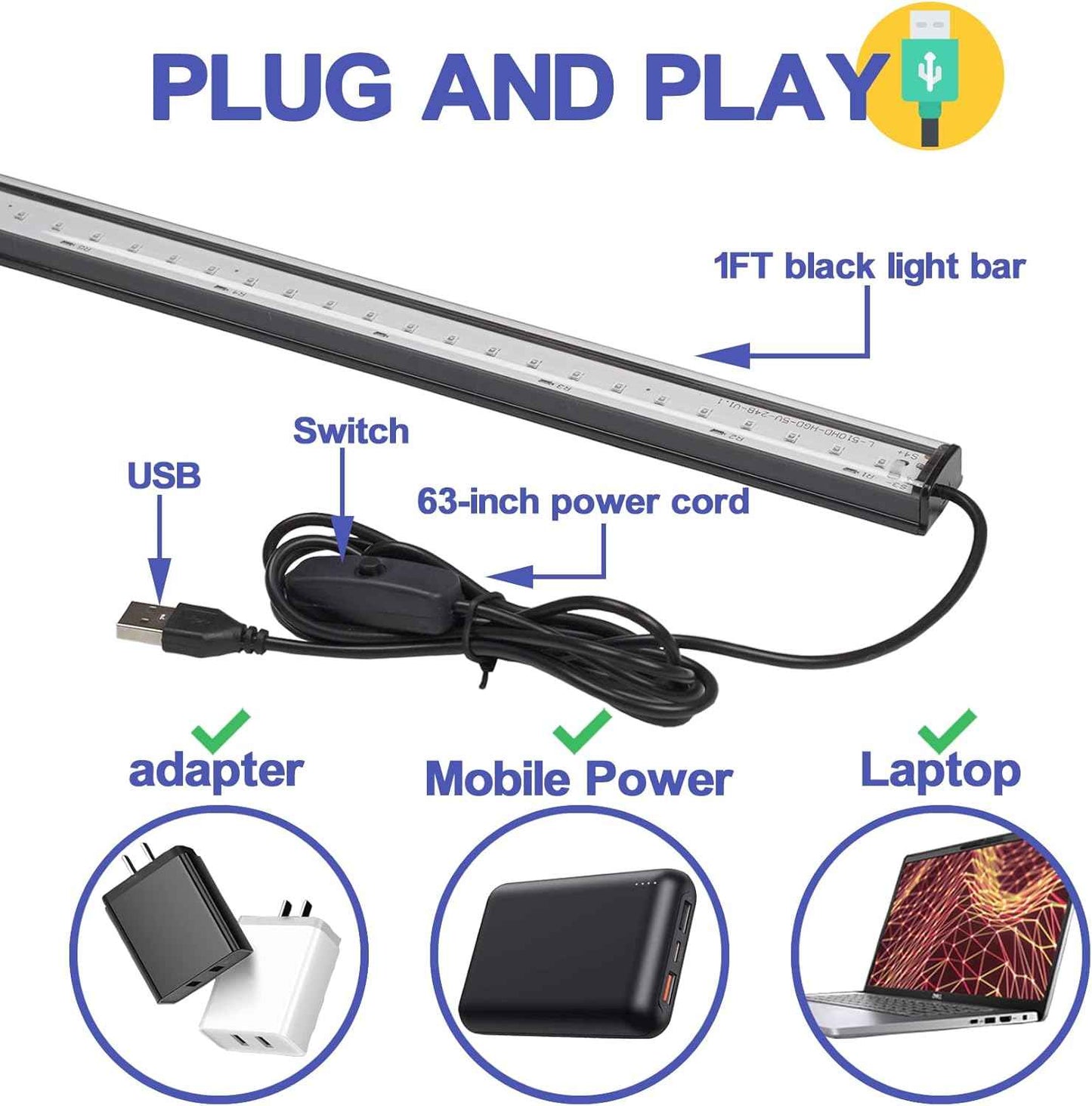 CICINY Black Light Bar – Portable Outdoor UV Light for Patio Parties, Battery Bank Powered 1FT LED