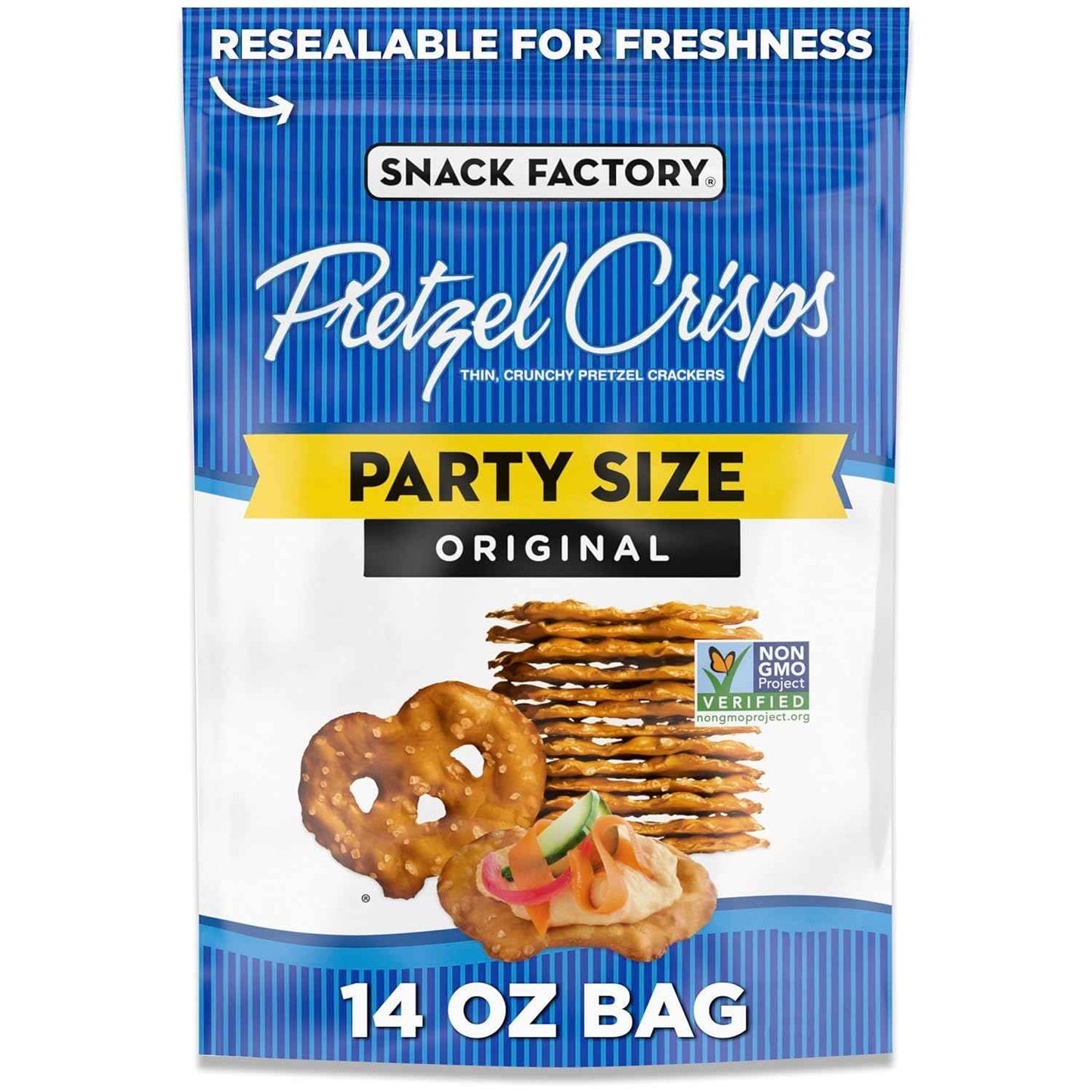 Snack Factory Pretzel Crisps Original Non-GMO 14 oz Party Size Bag for Backyard Patio and Picnic Dipping